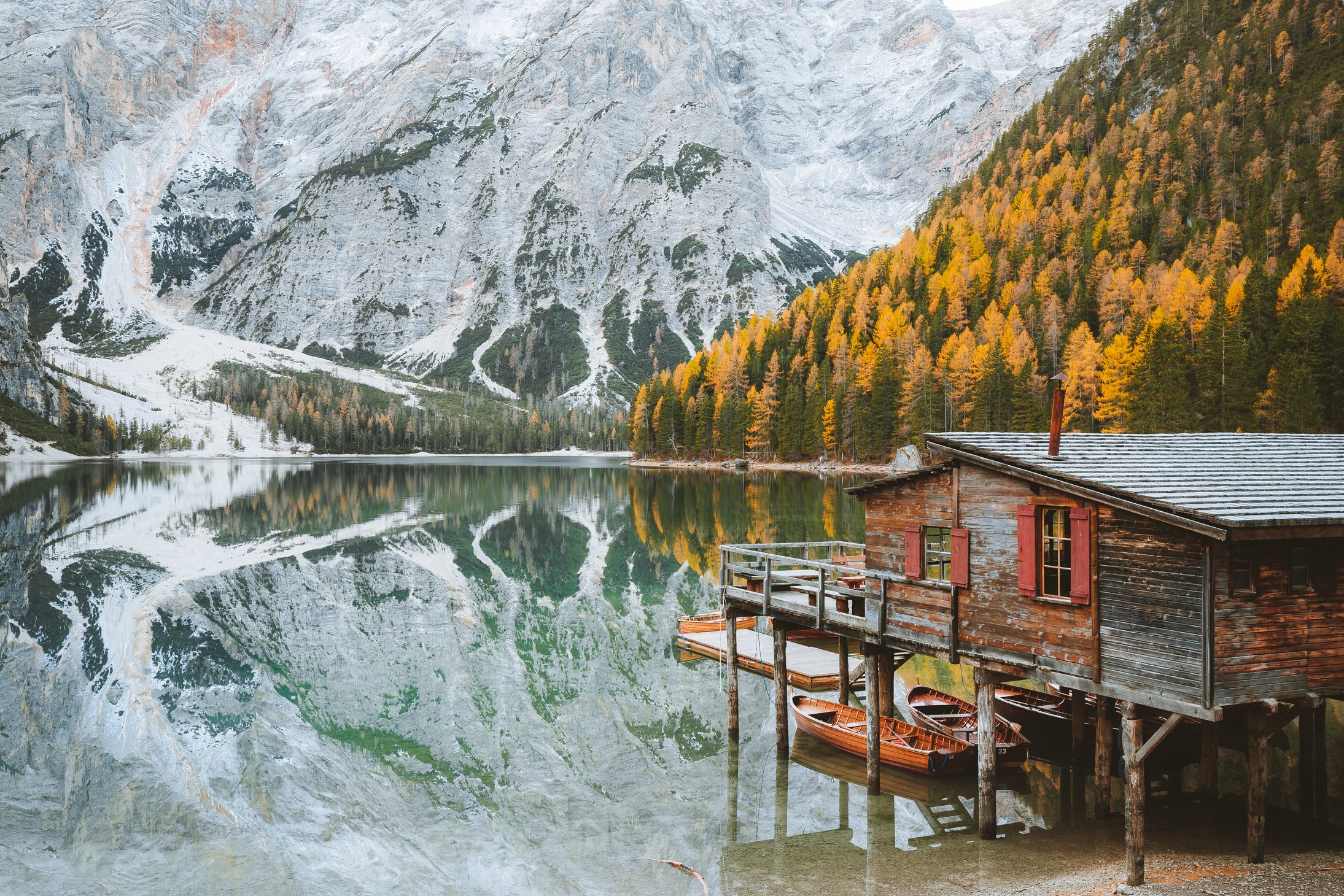 Lago Di Braies at Fall in Dolomites, South Tyrol, Italy